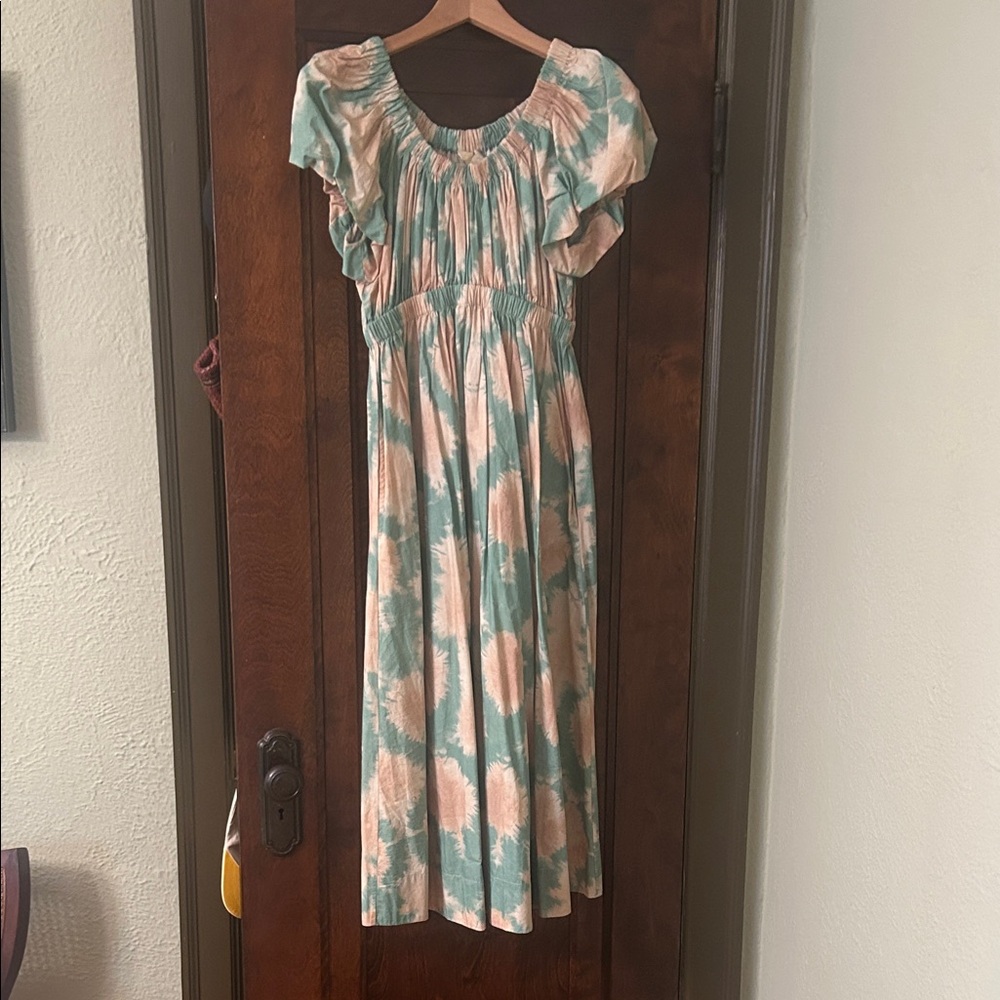 Ulla Johnson Tie-Dye Flutter Sleeve Maxi Dress in Teal and Peach